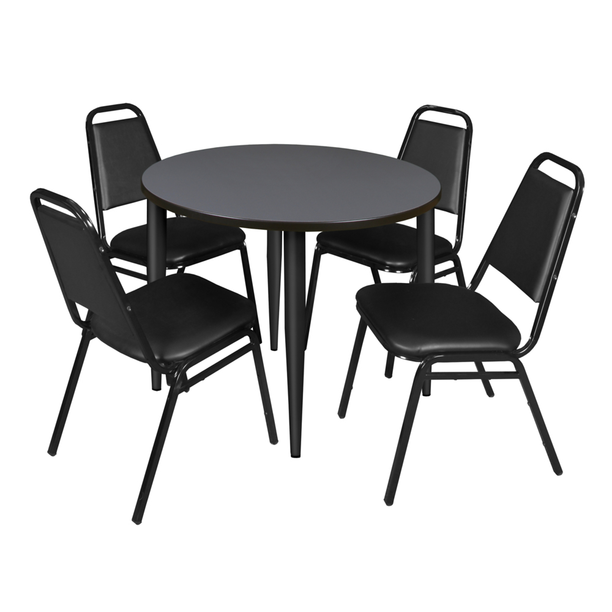 Regency Kahlo Round Breakroom Table — 36in., Grey/Mahogany, Black Base, Includes 4 Restaurant Stack Chairs, Model# TPL36RNDGYBK29BK